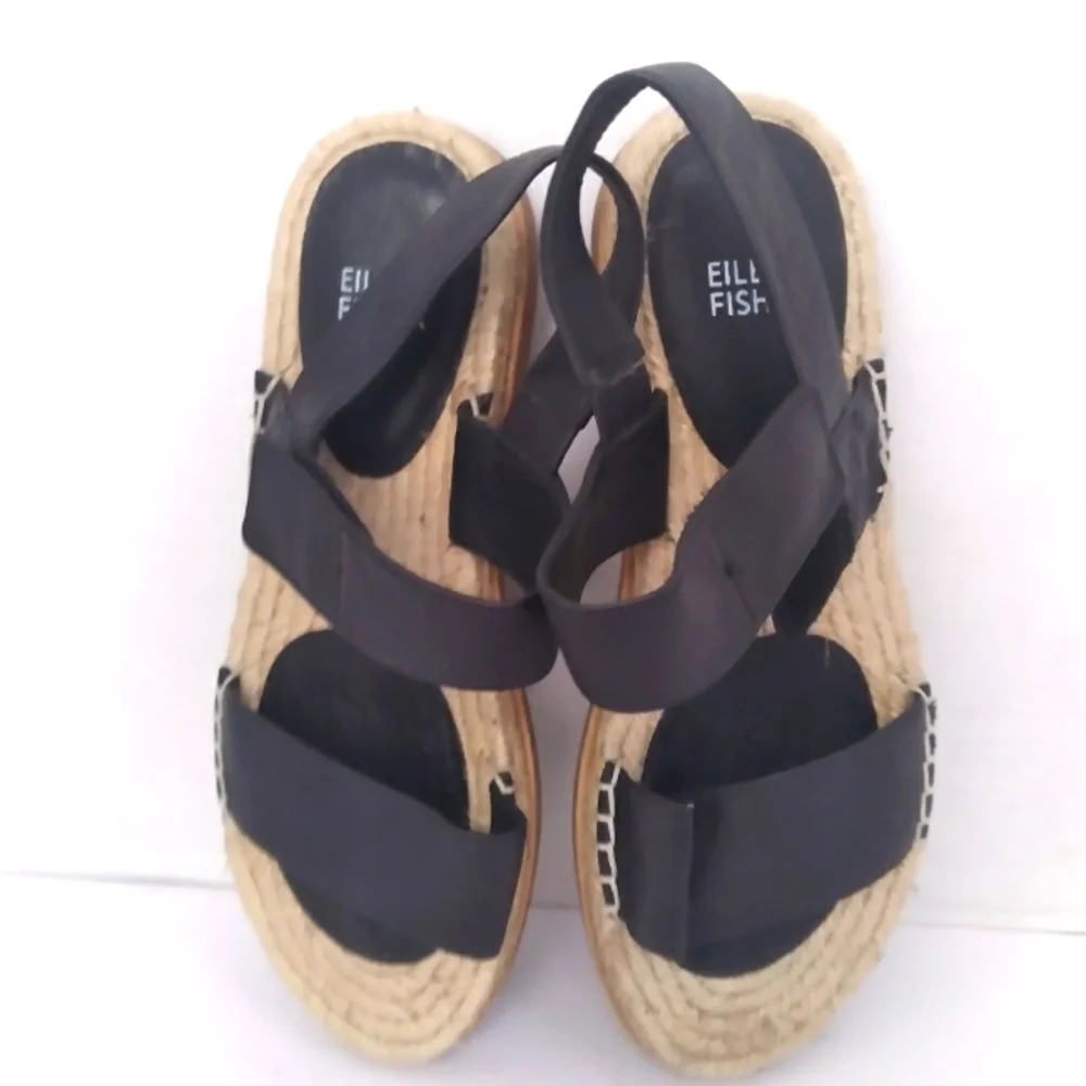 Eileen Fisher Black Leather Espadrille Platform Sandals Comfort Summer‎ Shoes
